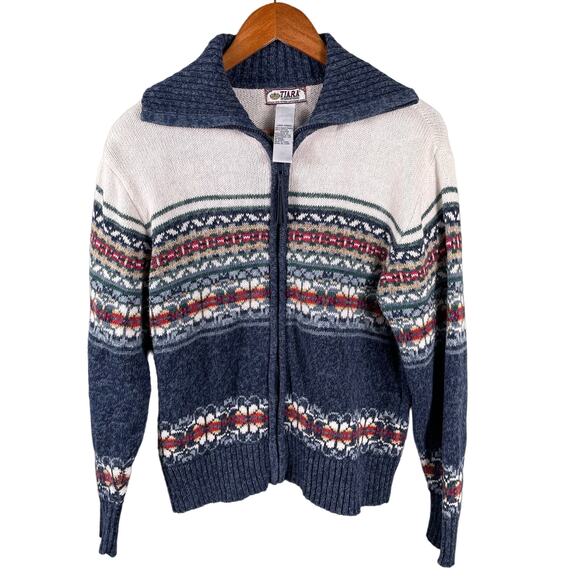 Tiara International Women's Large Full Zip Cardigan Sweater Fair Isle Blue - Picture 1 of 9